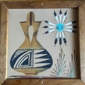 Vintage Framed Navajo Sand Art 12" x 12" Painting Pottery Southwestern